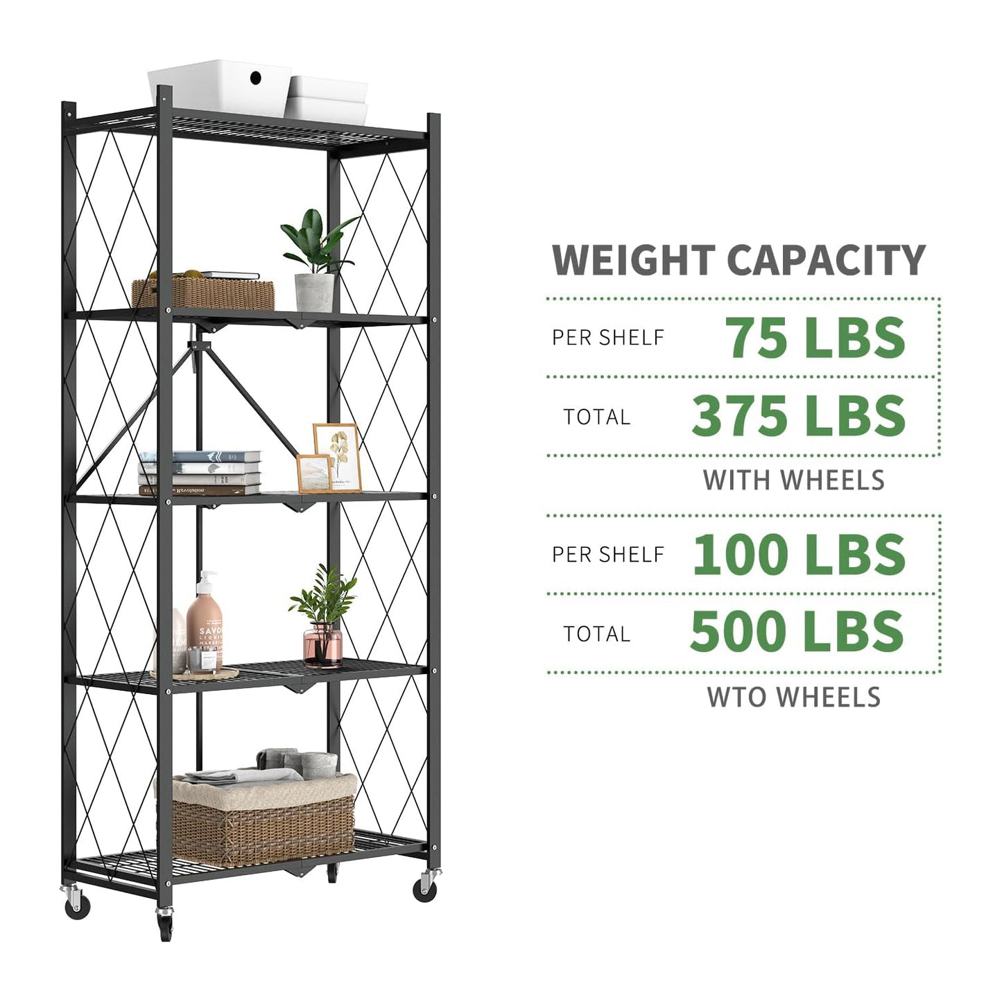 64" H 5 Tier Foldable Storage Shelf with Wheels, Folding Shelving Loads 500 LBS, Metal Steel Garage Shelves, Rolling Standing Utility Rack for Kitchen, Pantry, Office