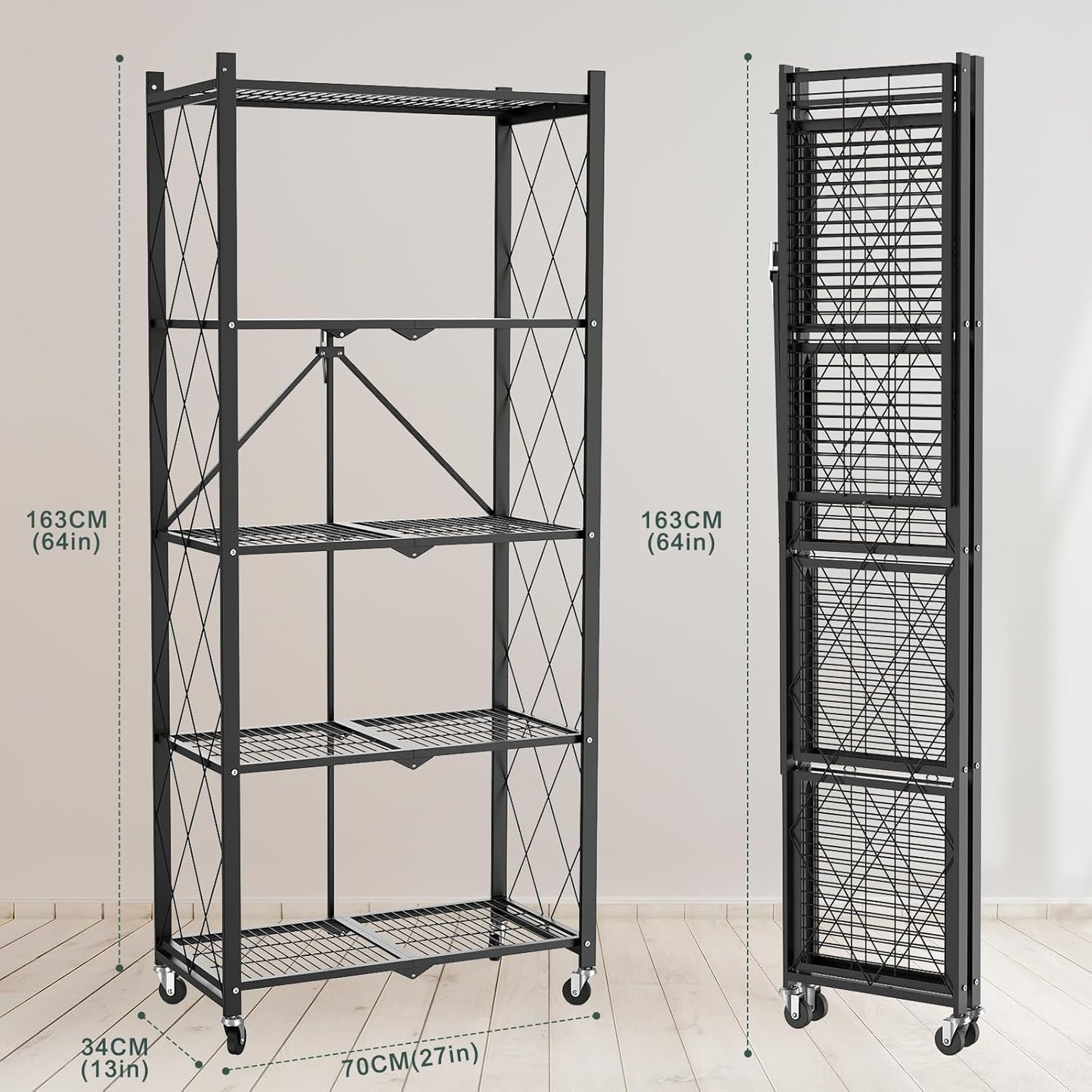 64" H 5 Tier Foldable Storage Shelf with Wheels, Folding Shelving Loads 500 LBS, Metal Steel Garage Shelves, Rolling Standing Utility Rack for Kitchen, Pantry, Office