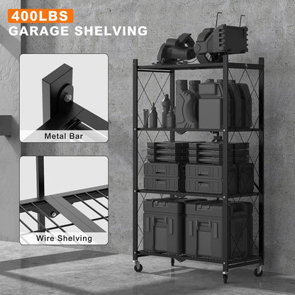 50" H 4 Tier Foldable Storage Shelf with Wheels, Folding Shelving Loads 400 LBS, Metal Steel Garage Shelves, Rolling Standing Utility Rack for Kitchen, Pantry, Office