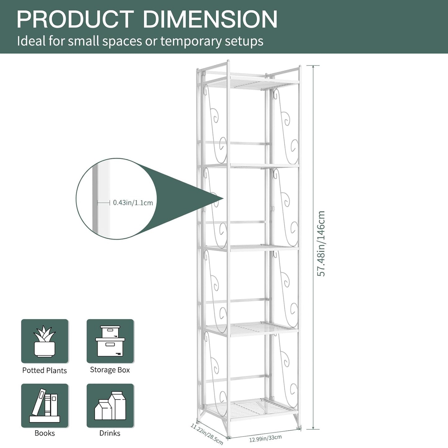 Foldable 5-Tier Metal Shelf – No Assembly, 30lbs/Tier, Rustproof & Space-Saving (11.22"x12.99"x57.48"),