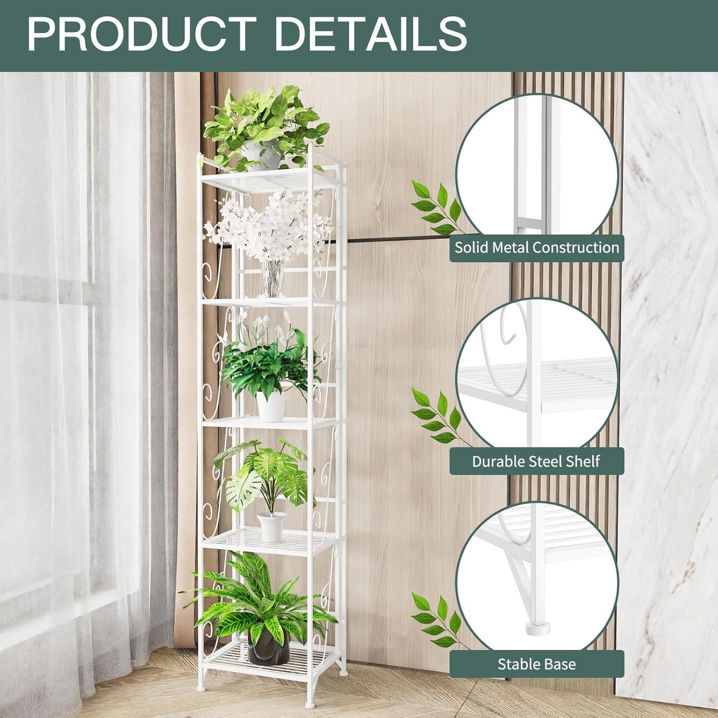 Foldable 5-Tier Metal Shelf – No Assembly, 30lbs/Tier, Rustproof & Space-Saving (11.22"x12.99"x57.48"),