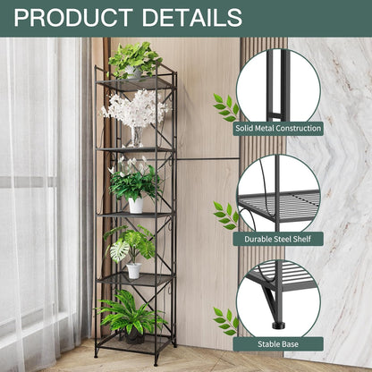 5-Tier Foldable Metal Wire Storage Shelf – No Assembly Required | 71" Tall x 16"x 16"| Space-Saving Organizer for Room