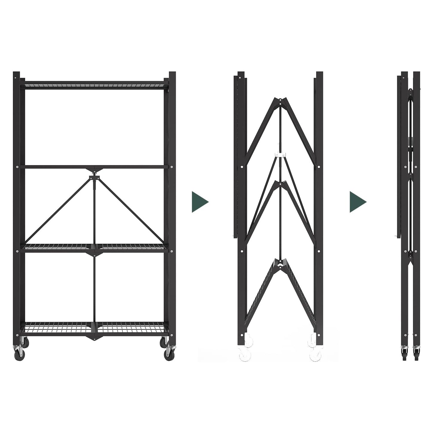 50" H 4 Tier Foldable Storage Shelf with Wheels, Folding Shelving Loads 400 LBS, Metal Steel Garage Shelves, Rolling Standing Utility Rack for Kitchen, Pantry, Office