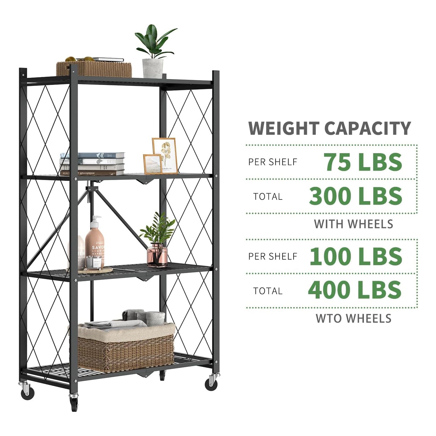 50" H 4 Tier Foldable Storage Shelf with Wheels, Folding Shelving Loads 400 LBS, Metal Steel Garage Shelves, Rolling Standing Utility Rack for Kitchen, Pantry, Office