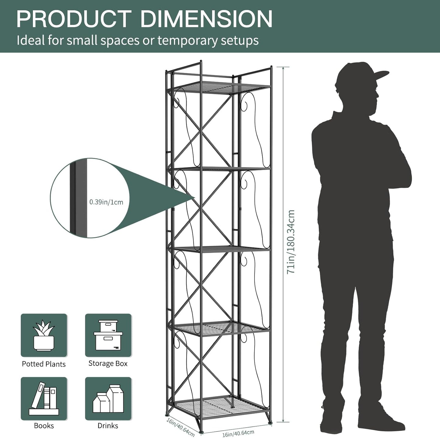 5-Tier Foldable Metal Wire Storage Shelf – No Assembly Required | 71" Tall x 16"x 16"| Space-Saving Organizer for Room