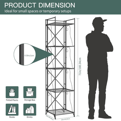 5-Tier Foldable Metal Wire Storage Shelf – No Assembly Required | 71" Tall x 16"x 16"| Space-Saving Organizer for Room