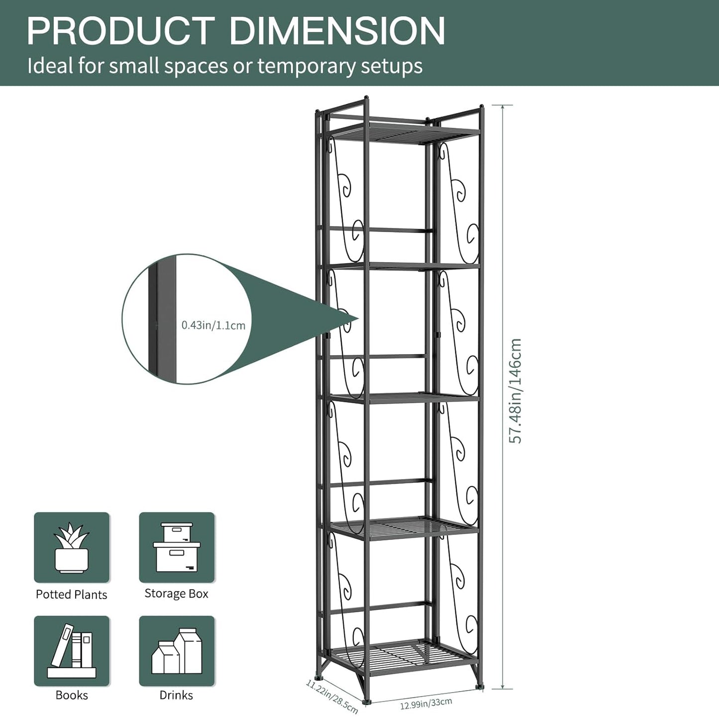 Foldable 5-Tier Metal Shelf – No Assembly, 30lbs/Tier, Rustproof & Space-Saving (11.22"x12.99"x57.48"),