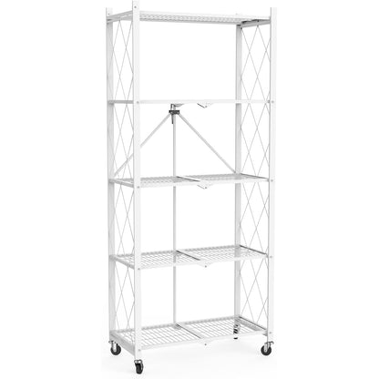 64" H 5 Tier Foldable Storage Shelf with Wheels, Folding Shelving Loads 500 LBS, Metal Steel Garage Shelves, Rolling Standing Utility Rack for Kitchen, Pantry, Office