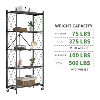 64" H 5 Tier Foldable Storage Shelf with Wheels, Folding Shelving Loads 500 LBS, Metal Steel Garage Shelves, Rolling Standing Utility Rack for Kitchen, Pantry, Office