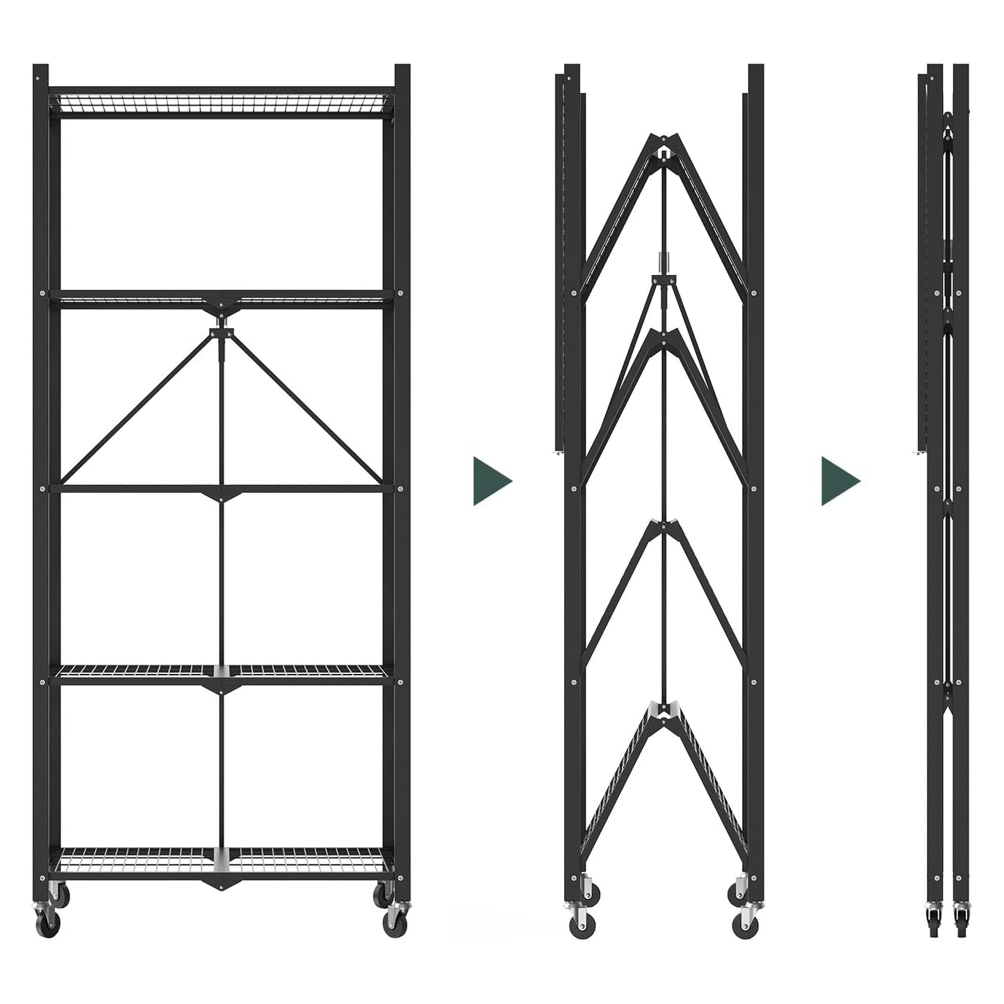 64" H 5 Tier Foldable Storage Shelf with Wheels, Folding Shelving Loads 500 LBS, Metal Steel Garage Shelves, Rolling Standing Utility Rack for Kitchen, Pantry, Office