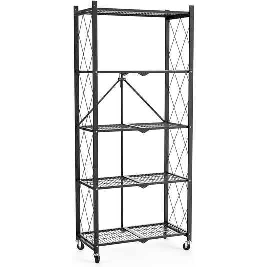 64" H 5 Tier Foldable Storage Shelf with Wheels, Folding Shelving Loads 500 LBS, Metal Steel Garage Shelves, Rolling Standing Utility Rack for Kitchen, Pantry, Office