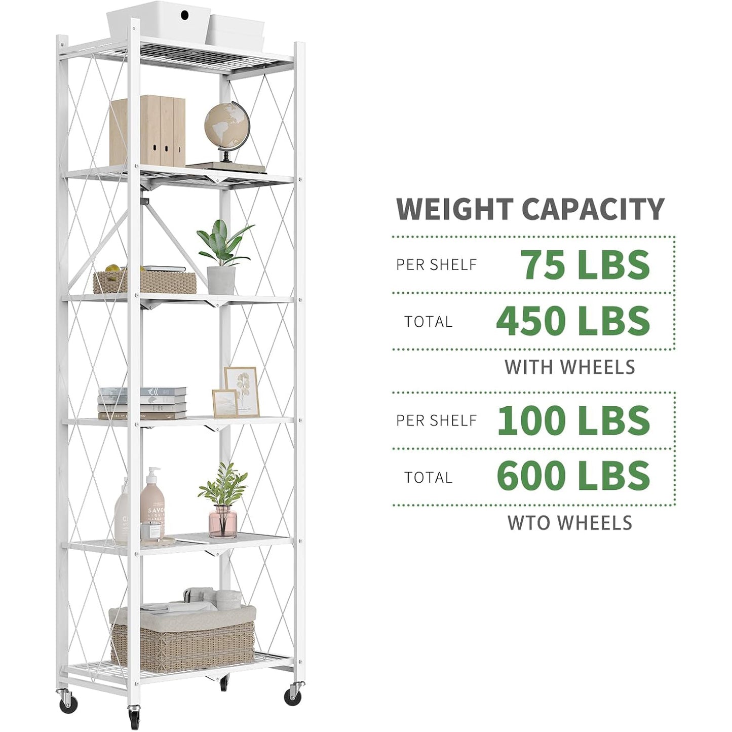 72" H 6 Tier Foldable Storage Shelf with Wheels, Folding Shelving Loads 600 LBS, Metal Steel Garage Shelves, Rolling Standing Utility Rack for Kitchen, Pantry, Office