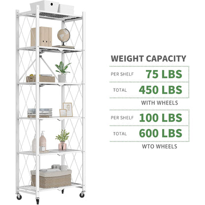 72" H 6 Tier Foldable Storage Shelf with Wheels, Folding Shelving Loads 600 LBS, Metal Steel Garage Shelves, Rolling Standing Utility Rack for Kitchen, Pantry, Office