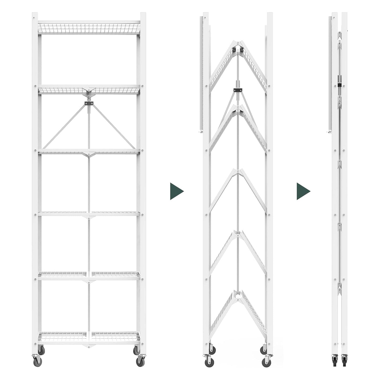 72" H 6 Tier Foldable Storage Shelf with Wheels, Folding Shelving Loads 600 LBS, Metal Steel Garage Shelves, Rolling Standing Utility Rack for Kitchen, Pantry, Office