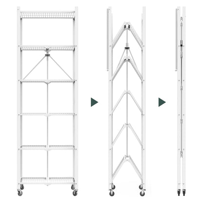 72" H 6 Tier Foldable Storage Shelf with Wheels, Folding Shelving Loads 600 LBS, Metal Steel Garage Shelves, Rolling Standing Utility Rack for Kitchen, Pantry, Office