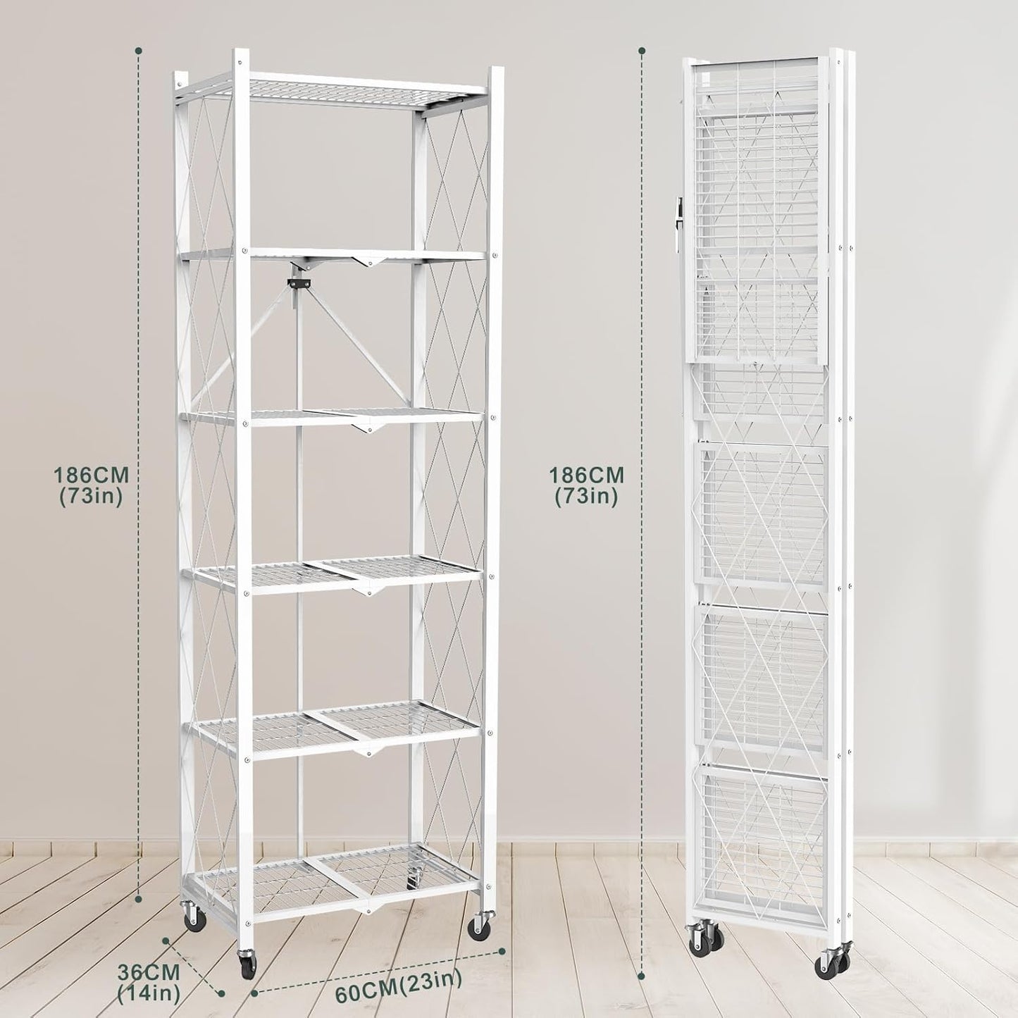 72" H 6 Tier Foldable Storage Shelf with Wheels, Folding Shelving Loads 600 LBS, Metal Steel Garage Shelves, Rolling Standing Utility Rack for Kitchen, Pantry, Office