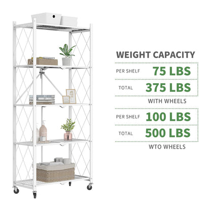 64" H 5 Tier Foldable Storage Shelf with Wheels, Folding Shelving Loads 500 LBS, Metal Steel Garage Shelves, Rolling Standing Utility Rack for Kitchen, Pantry, Office