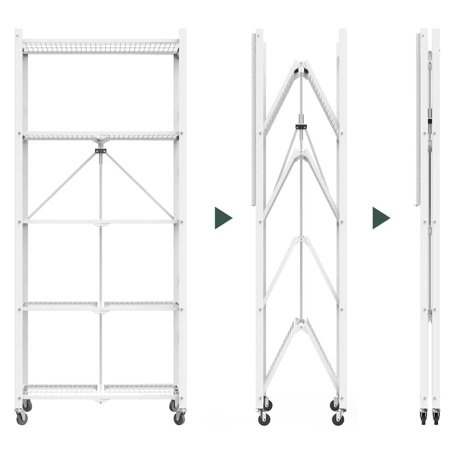 64" H 5 Tier Foldable Storage Shelf with Wheels, Folding Shelving Loads 500 LBS, Metal Steel Garage Shelves, Rolling Standing Utility Rack for Kitchen, Pantry, Office