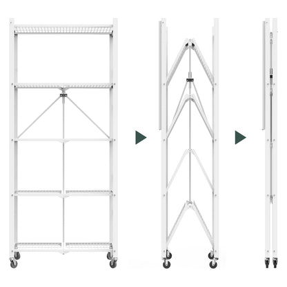 64" H 5 Tier Foldable Storage Shelf with Wheels, Folding Shelving Loads 500 LBS, Metal Steel Garage Shelves, Rolling Standing Utility Rack for Kitchen, Pantry, Office