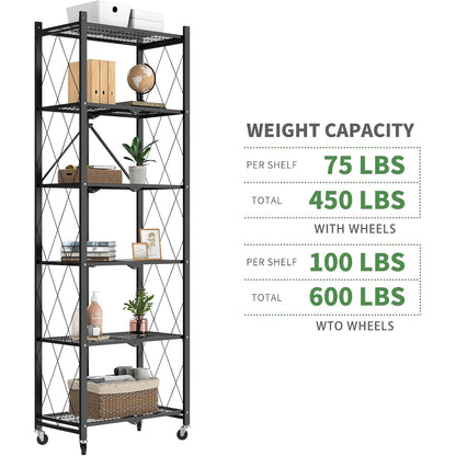 72" H 6 Tier Foldable Storage Shelf with Wheels, Folding Shelving Loads 600 LBS, Metal Steel Garage Shelves, Rolling Standing Utility Rack for Kitchen, Pantry, Office