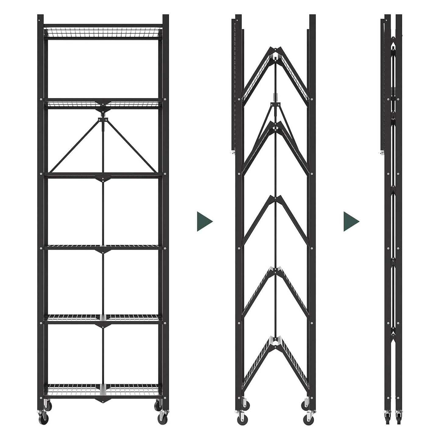 72" H 6 Tier Foldable Storage Shelf with Wheels, Folding Shelving Loads 600 LBS, Metal Steel Garage Shelves, Rolling Standing Utility Rack for Kitchen, Pantry, Office