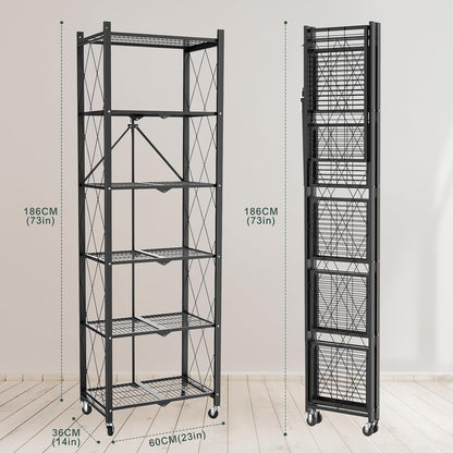 72" H 6 Tier Foldable Storage Shelf with Wheels, Folding Shelving Loads 600 LBS, Metal Steel Garage Shelves, Rolling Standing Utility Rack for Kitchen, Pantry, Office