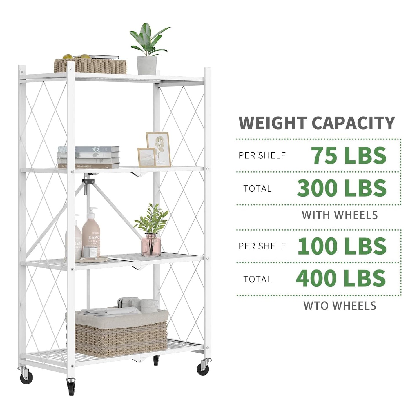 50" H 4 Tier Foldable Storage Shelf with Wheels, Folding Shelving Loads 400 LBS, Metal Steel Garage Shelves, Rolling Standing Utility Rack for Kitchen, Pantry, Office