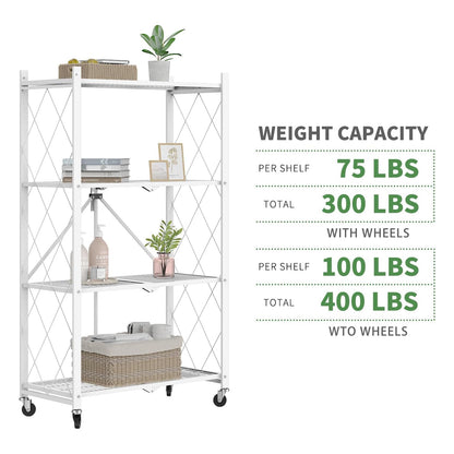 50" H 4 Tier Foldable Storage Shelf with Wheels, Folding Shelving Loads 400 LBS, Metal Steel Garage Shelves, Rolling Standing Utility Rack for Kitchen, Pantry, Office