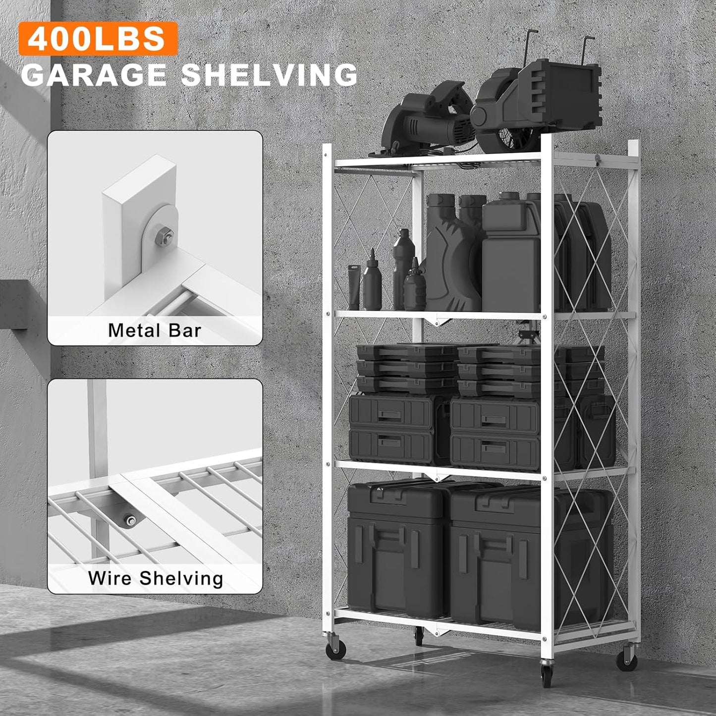 50" H 4 Tier Foldable Storage Shelf with Wheels, Folding Shelving Loads 400 LBS, Metal Steel Garage Shelves, Rolling Standing Utility Rack for Kitchen, Pantry, Office