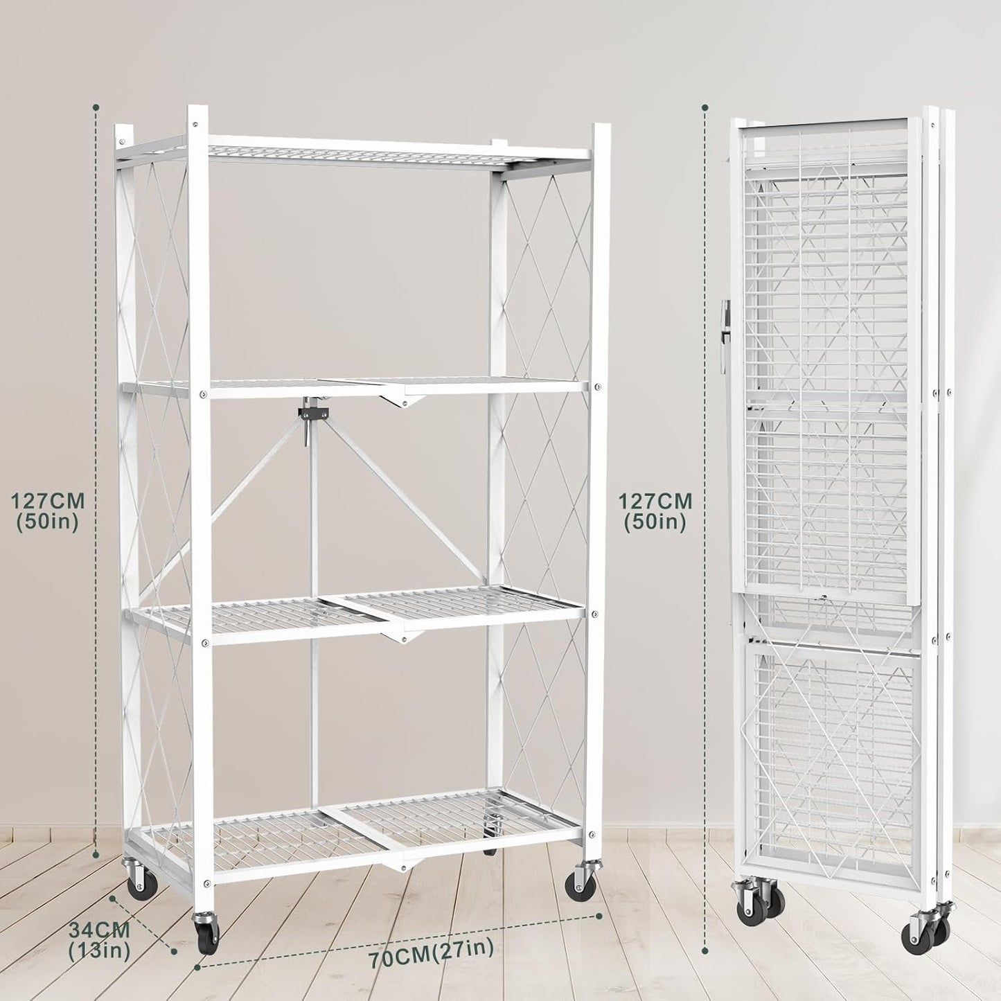 50" H 4 Tier Foldable Storage Shelf with Wheels, Folding Shelving Loads 400 LBS, Metal Steel Garage Shelves, Rolling Standing Utility Rack for Kitchen, Pantry, Office