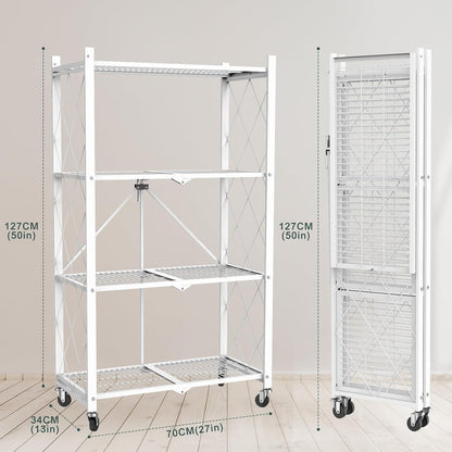 50" H 4 Tier Foldable Storage Shelf with Wheels, Folding Shelving Loads 400 LBS, Metal Steel Garage Shelves, Rolling Standing Utility Rack for Kitchen, Pantry, Office