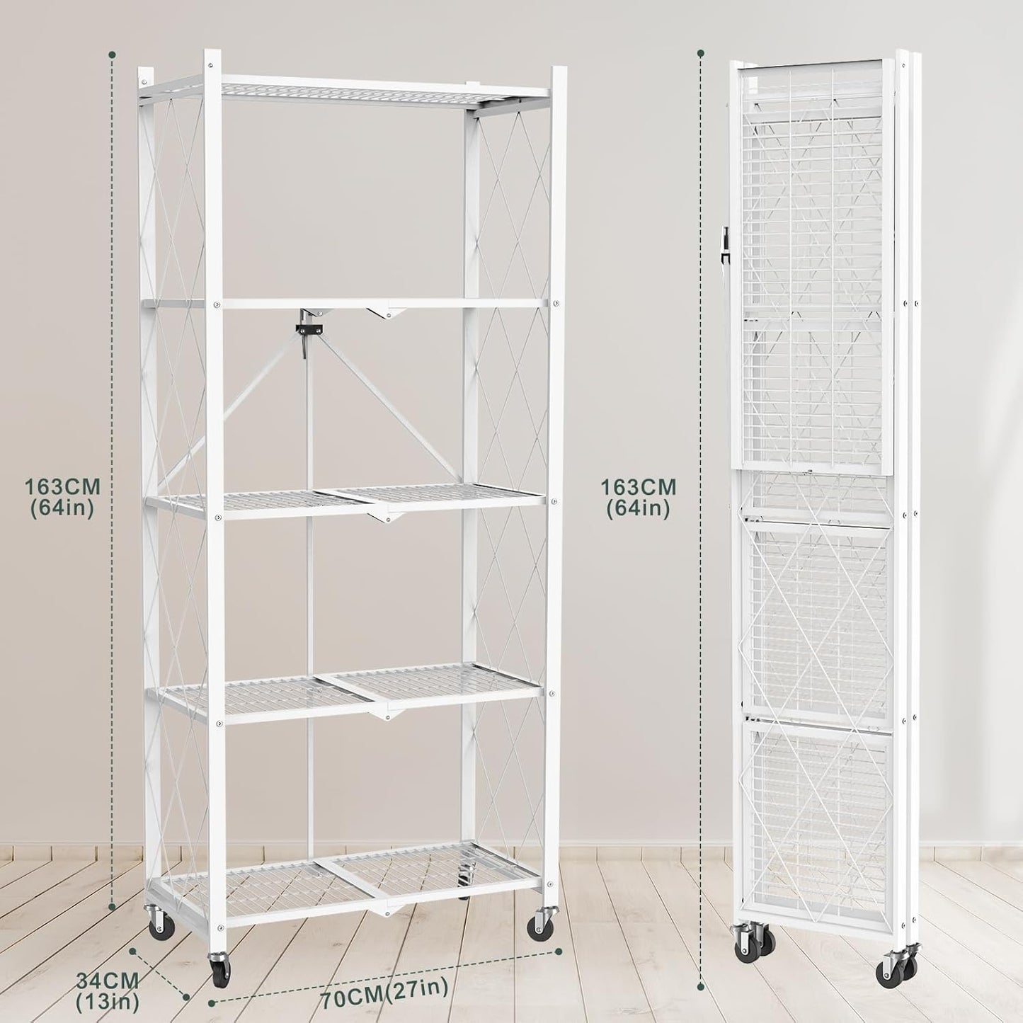 64" H 5 Tier Foldable Storage Shelf with Wheels, Folding Shelving Loads 500 LBS, Metal Steel Garage Shelves, Rolling Standing Utility Rack for Kitchen, Pantry, Office