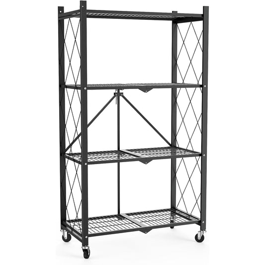 50" H 4 Tier Foldable Storage Shelf with Wheels - black
