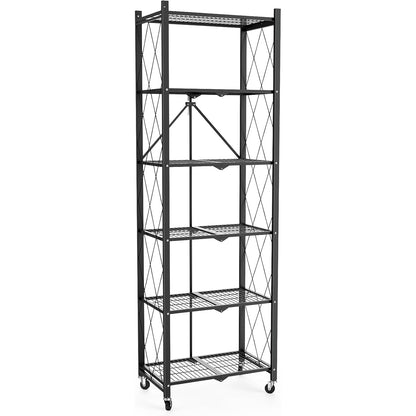 72" H 6 Tier Foldable Storage Shelf with Wheels, Folding Shelving Loads 600 LBS, Metal Steel Garage Shelves, Rolling Standing Utility Rack for Kitchen, Pantry, Office